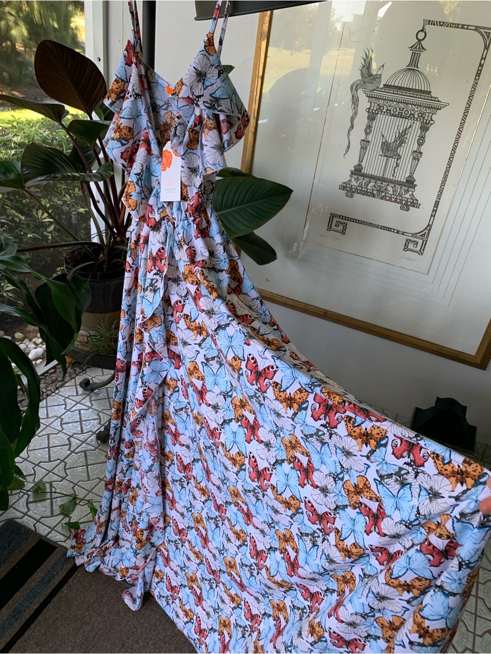 Light Blue Butterfly-Print Maxi Dress with Adjustable Straps